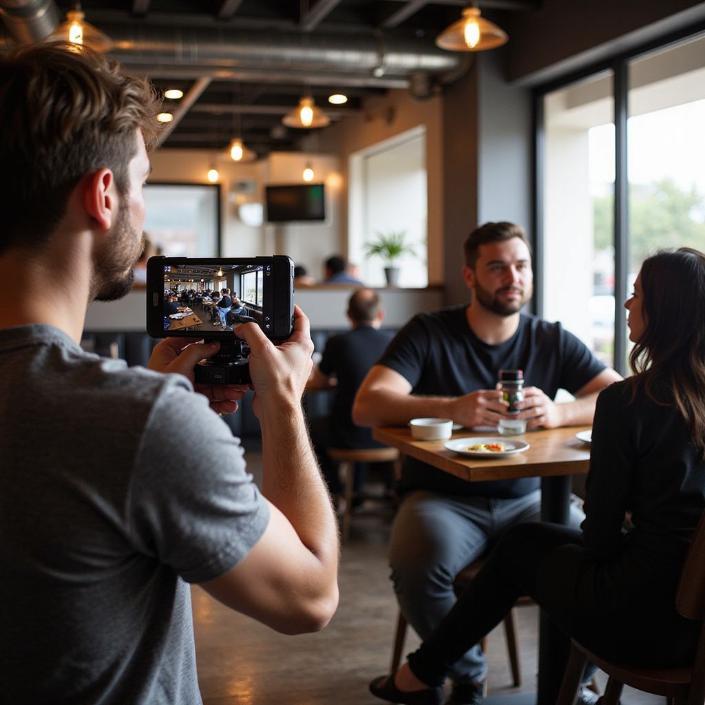 A person films a couple sitting at a table in a cafe, using a small monitor attached to a camera.
