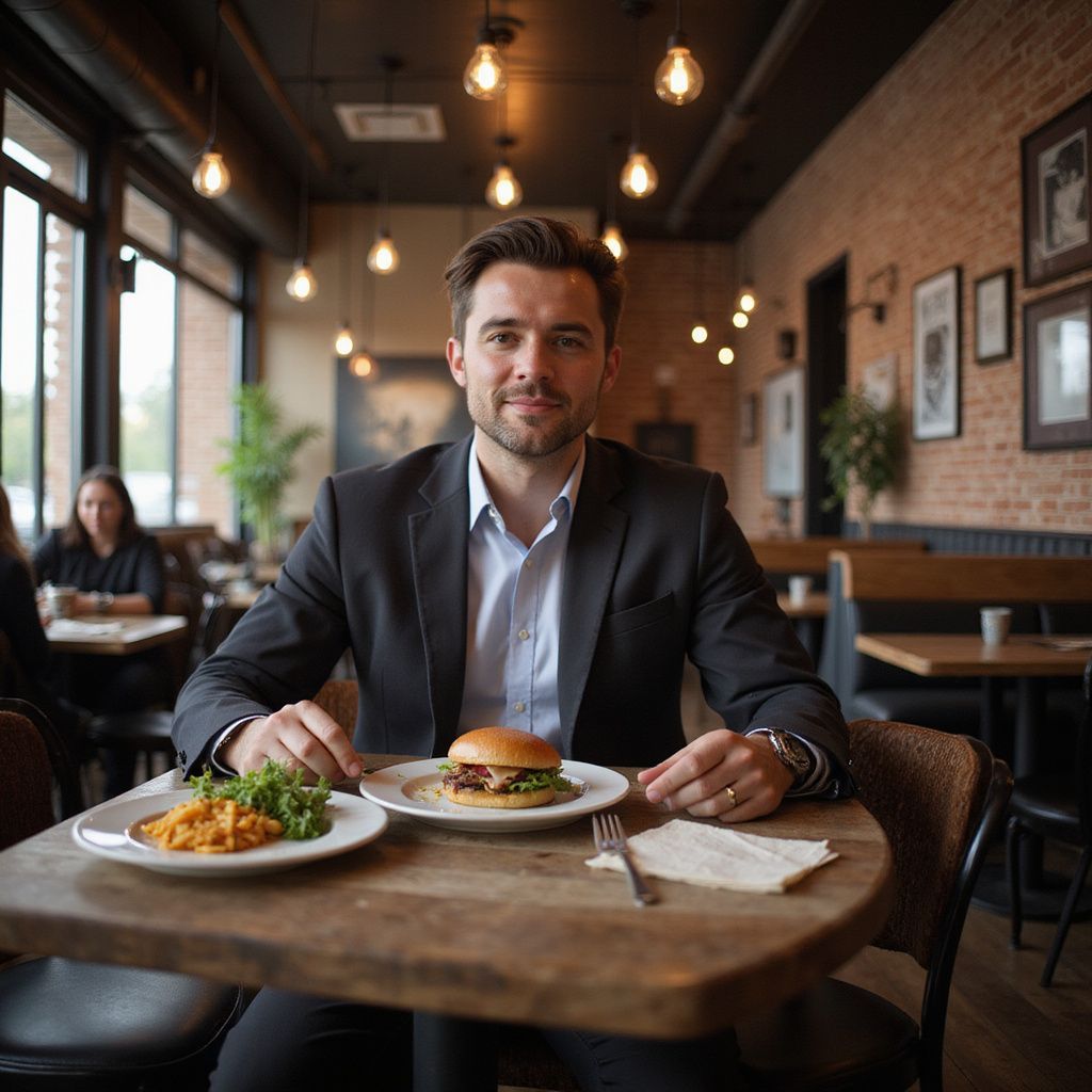 Man in suit at restaurant table with burger, salad. Indoor setting, brick wall, other diners visible.
