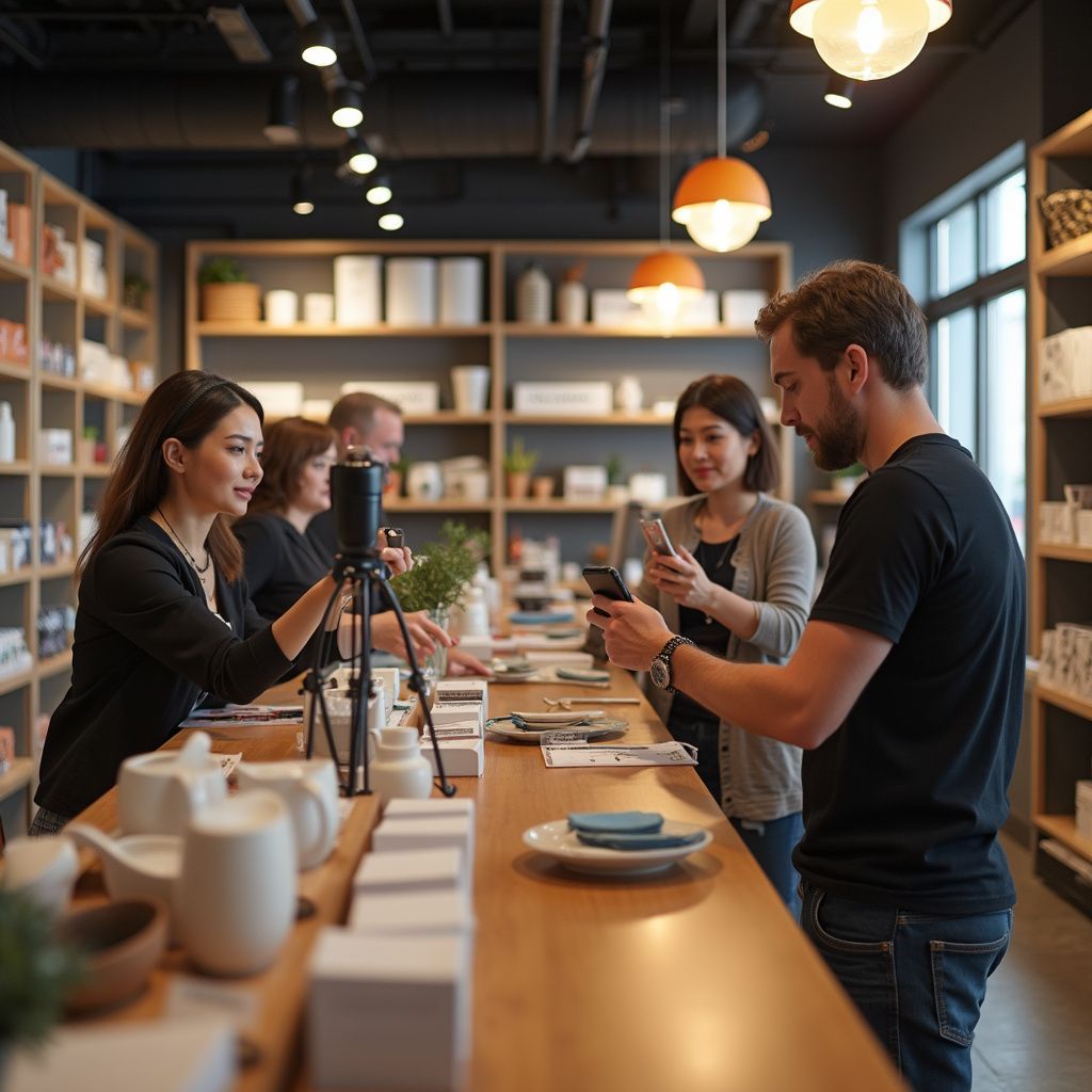 People shopping at a store, examining products at a wooden counter. Shelves with merchandise are in the background.
