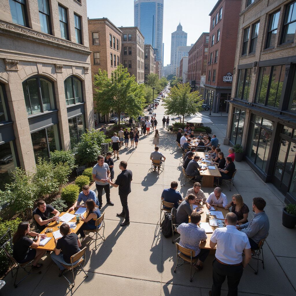 People at outdoor tables in a city courtyard, some are working, others are socializing. Tall buildings frame the space.