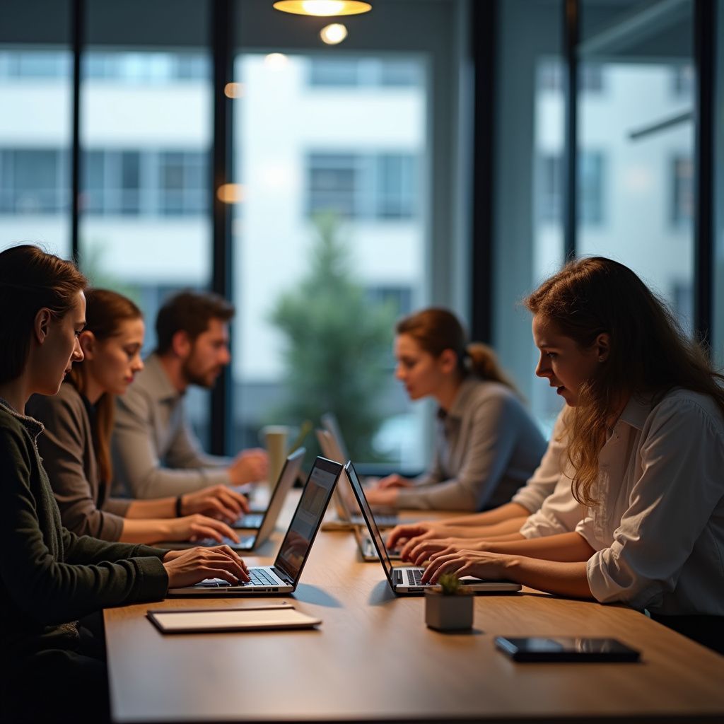 People working on laptops at a long table in an office. Natural light streams through windows.