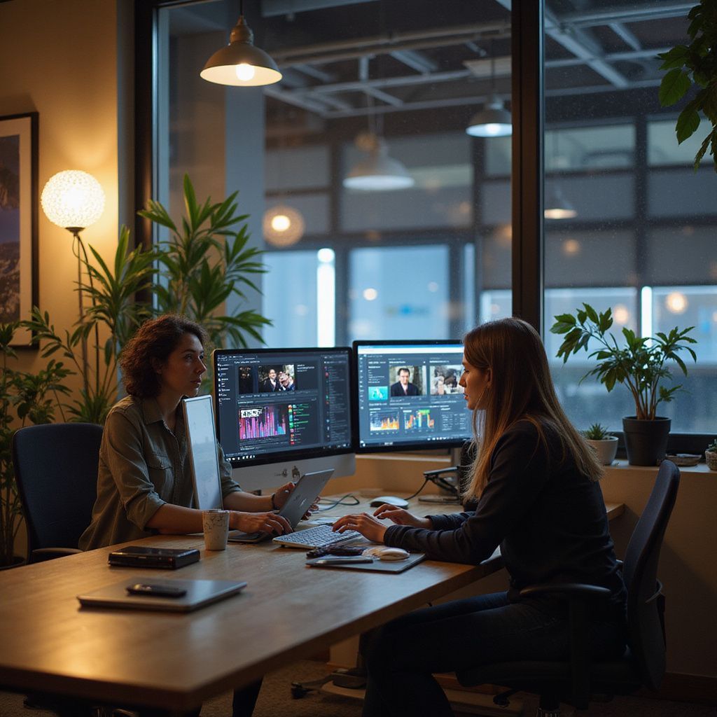 Two people sit at a desk with computers, collaborating in a modern office space.
