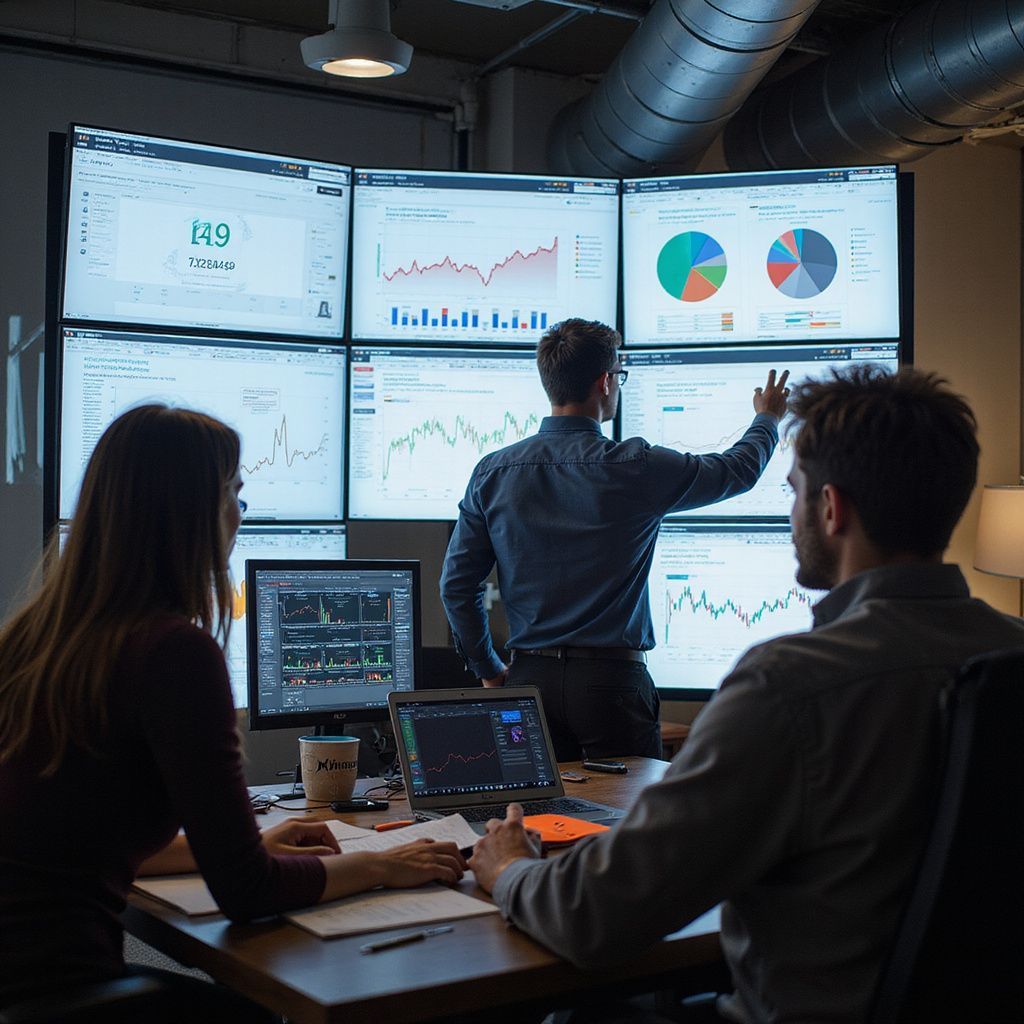 Three people analyze financial data on multiple screens in a modern office.