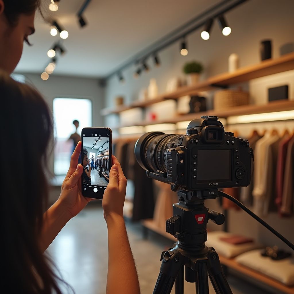 A person uses a smartphone to film inside a clothing store while a camera on a tripod films the same scene.