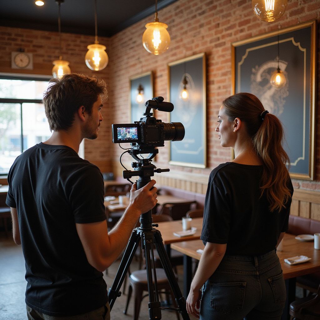 A person filming another in a restaurant, using a camera on a tripod.