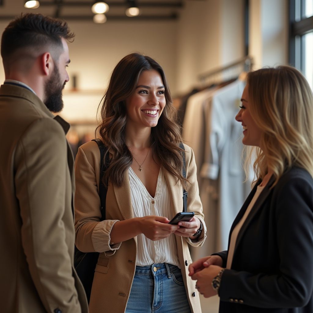 Three people chatting in a clothing store, the woman in the middle holds a phone and smiles.