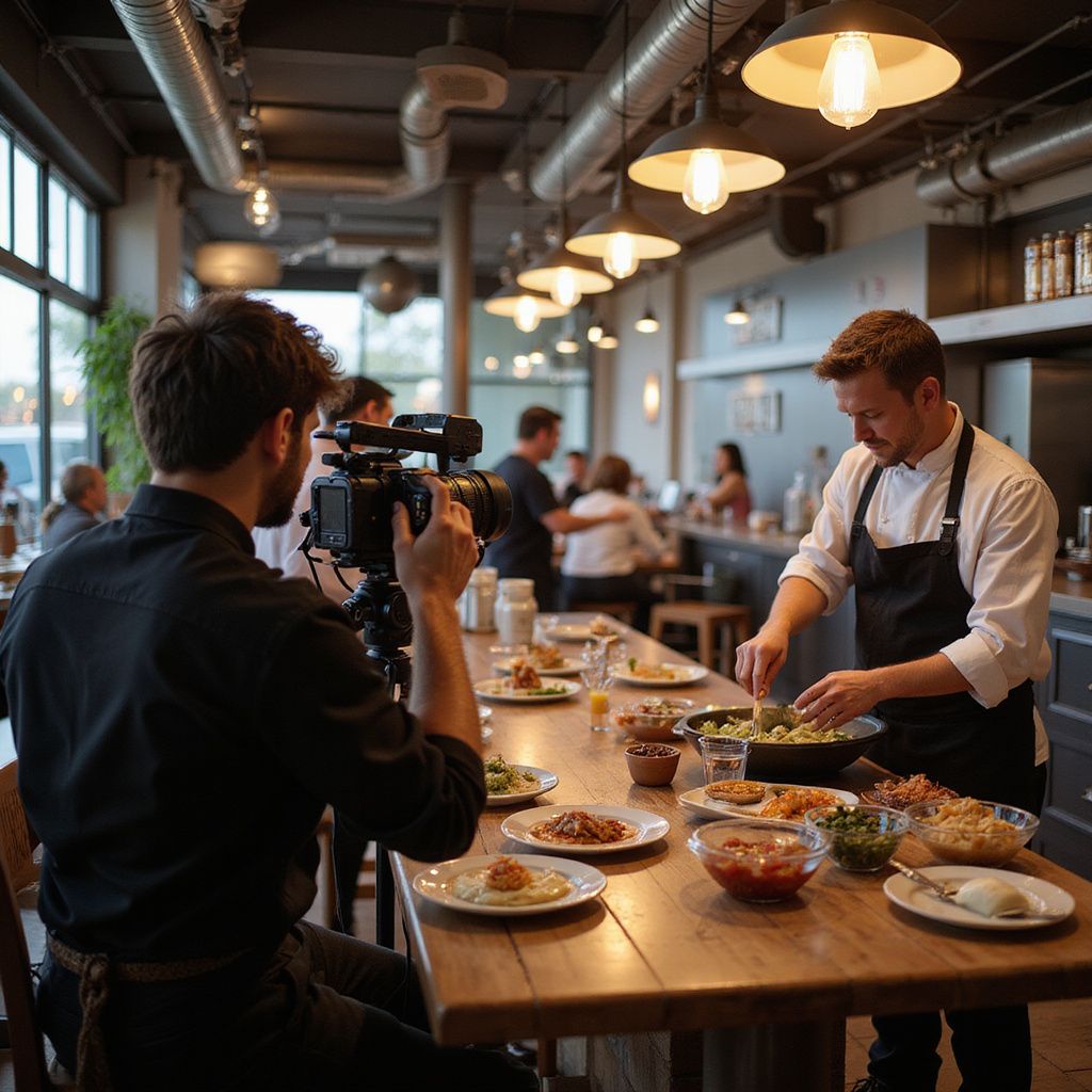 A chef prepares food for a camera filming in a restaurant with customers in the background.