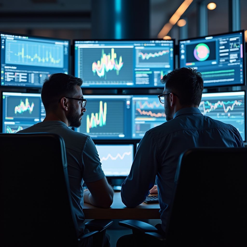 Two people looking at multiple computer screens displaying financial data in a dark office.