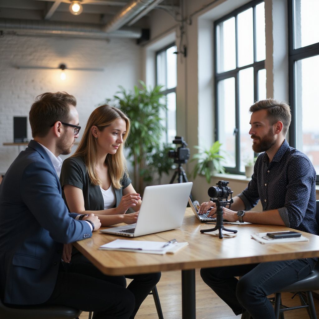 Three people at a table, looking at a laptop. A camera sits nearby.
