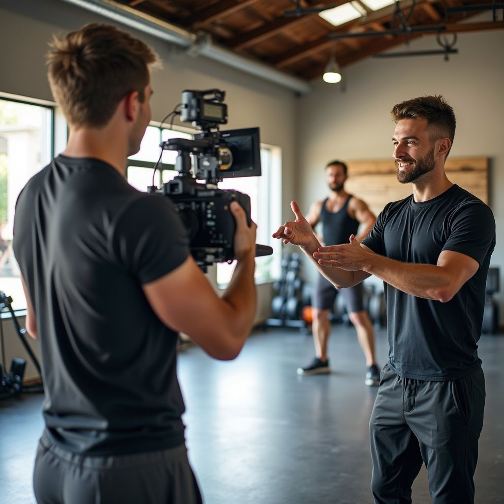 Man filming a man in a gym. A third man stands in the background.
