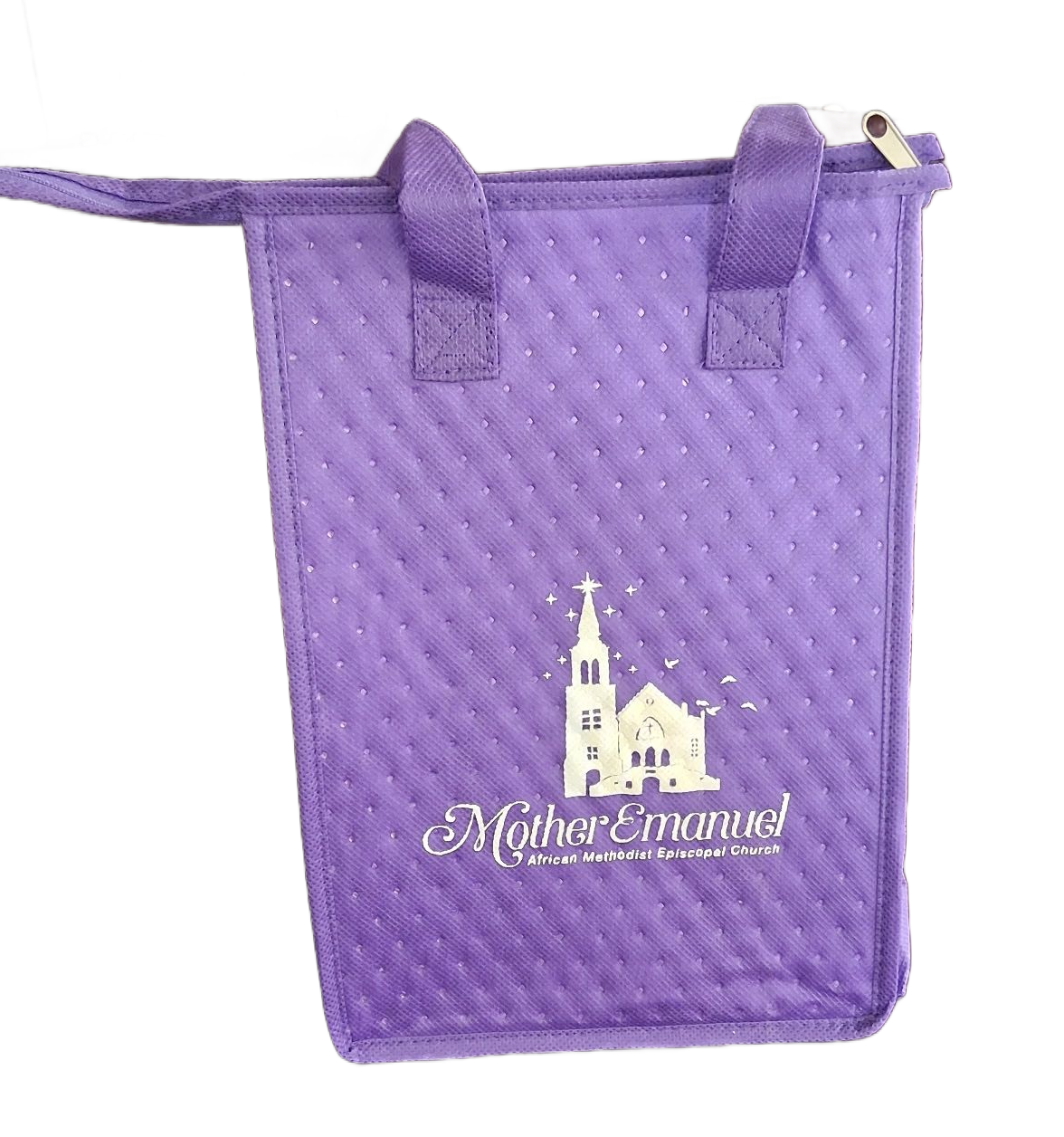 Purple insulated tote bag with a church logo.