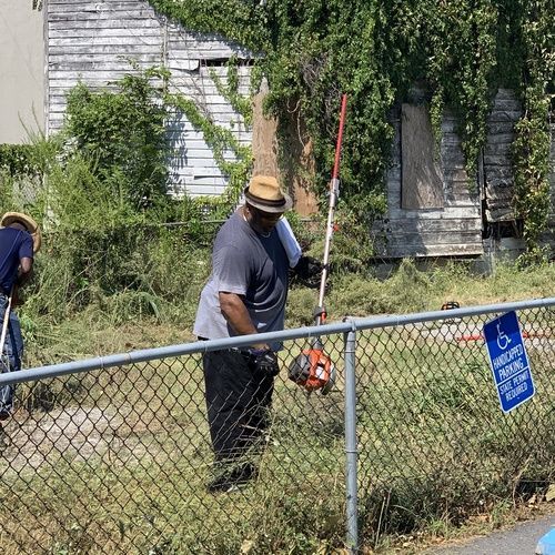 Two people trimming overgrown vegetation near a fence and dilapidated building.
