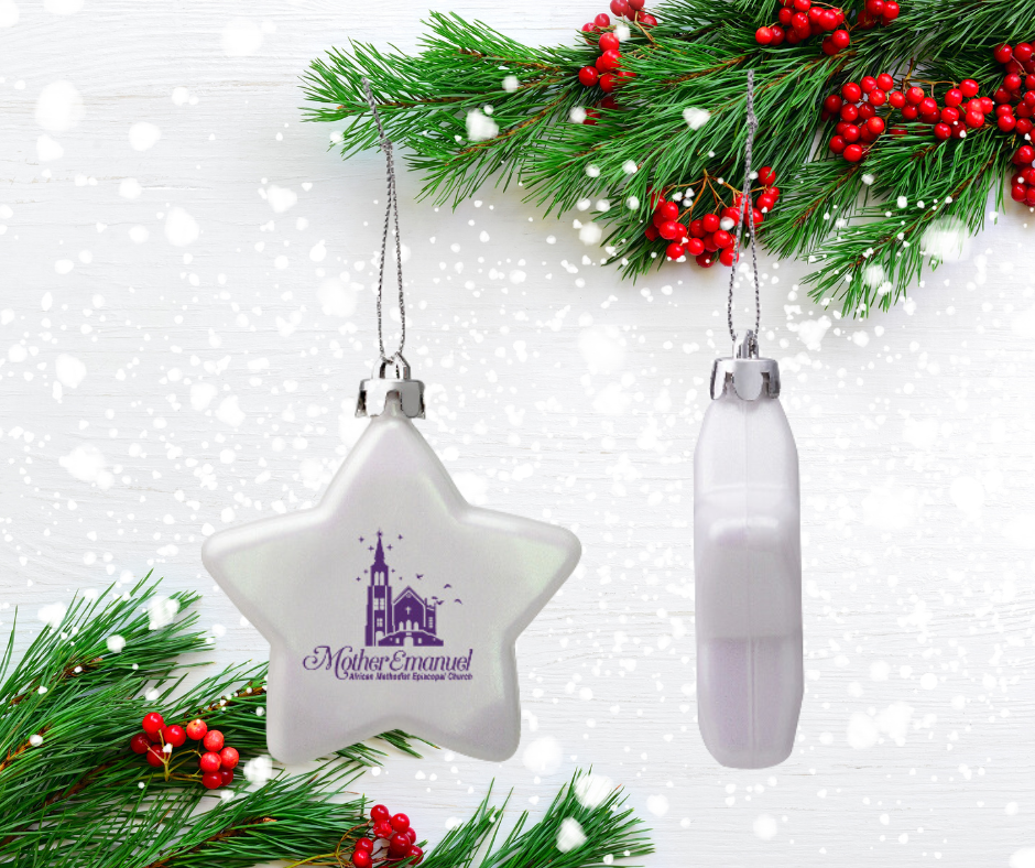 Two star-shaped ornaments hanging, one side view, the other with a purple logo, set against a holiday backdrop.