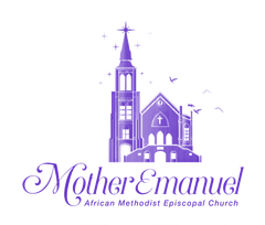 Mother Emanuel AME Church logo: purple church illustration, text 
