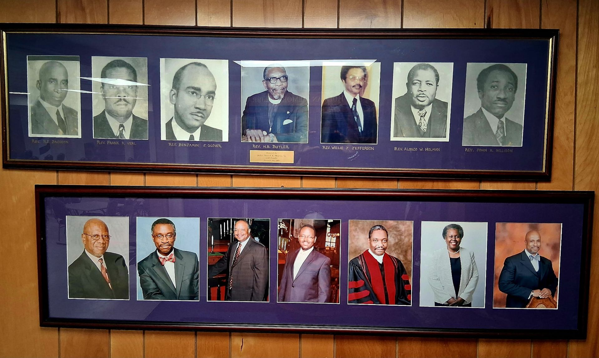 Two framed sets of headshot portraits on a wood-paneled wall.