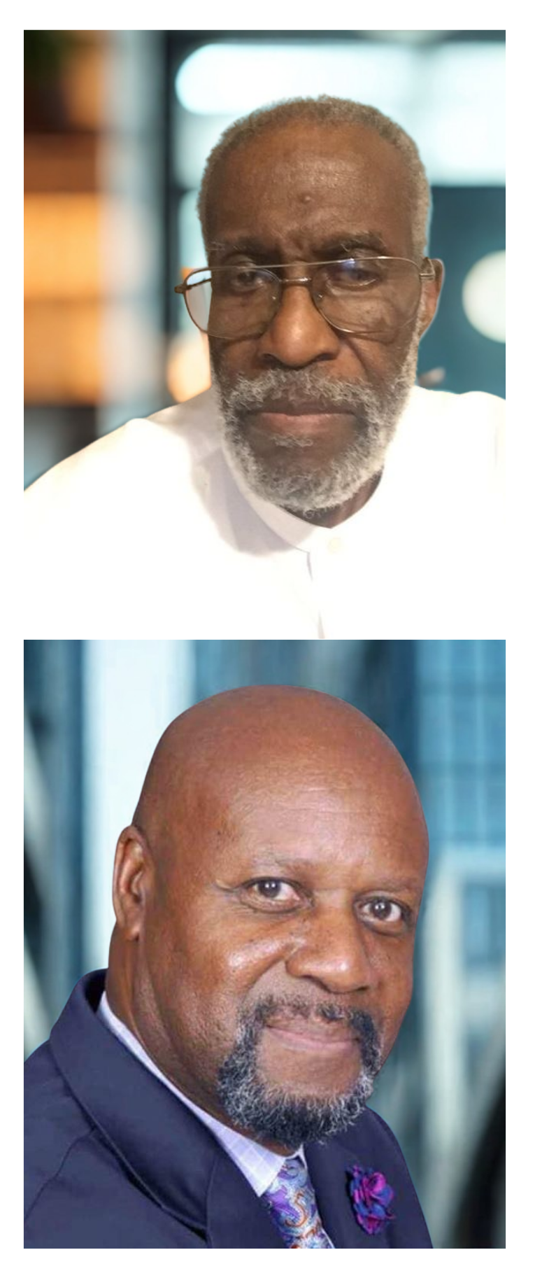 Two men in headshot portraits. One wearing glasses and a white shirt. The other wearing a suit.