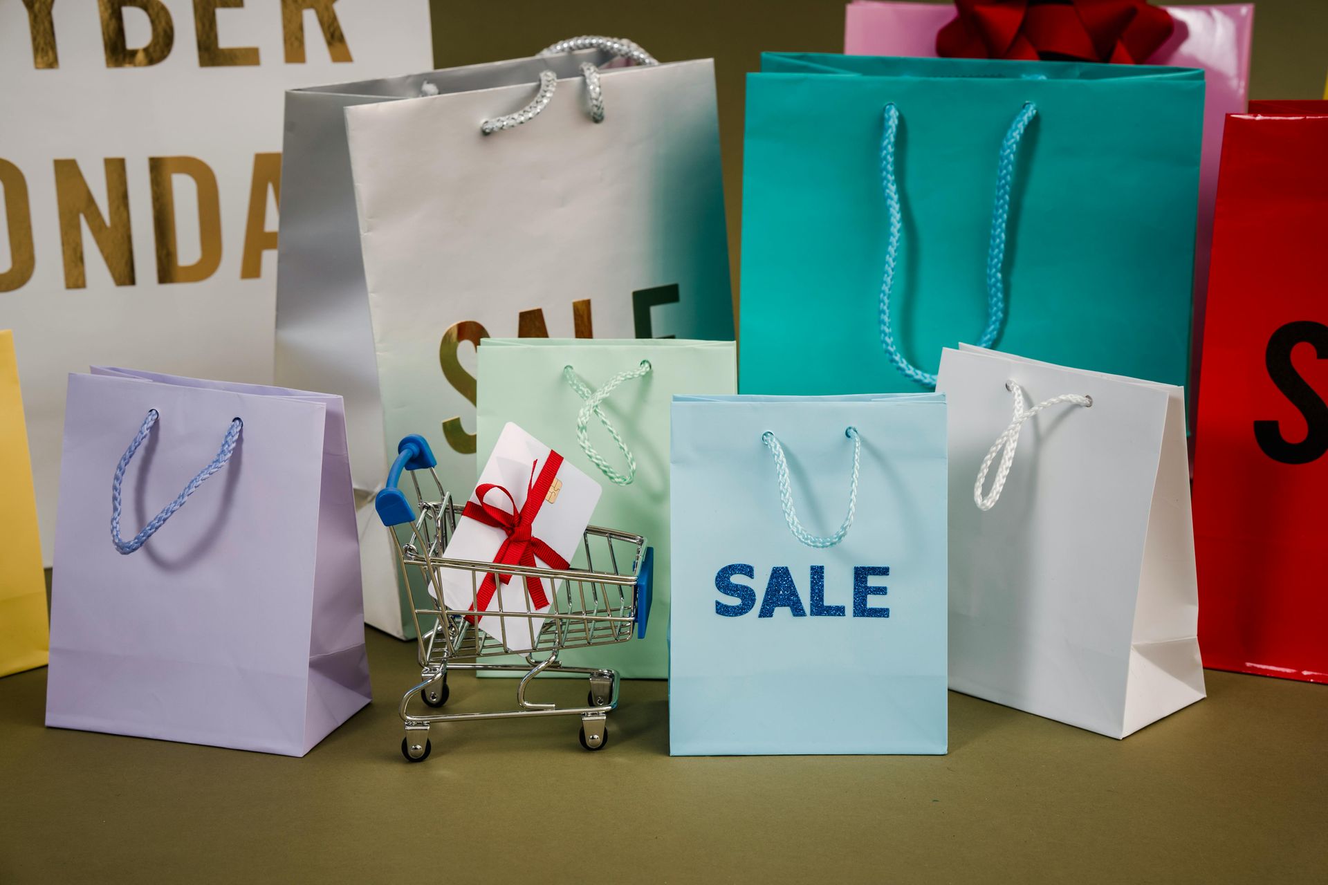 Colorful shopping bags labeled 