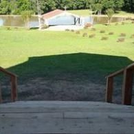 Backyard lawn with wooden steps in the foreground and a small pond and trees in the distance