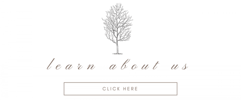 Minimal white webpage with tree logo, “learn about us” text, and a “CLICK HERE” button
