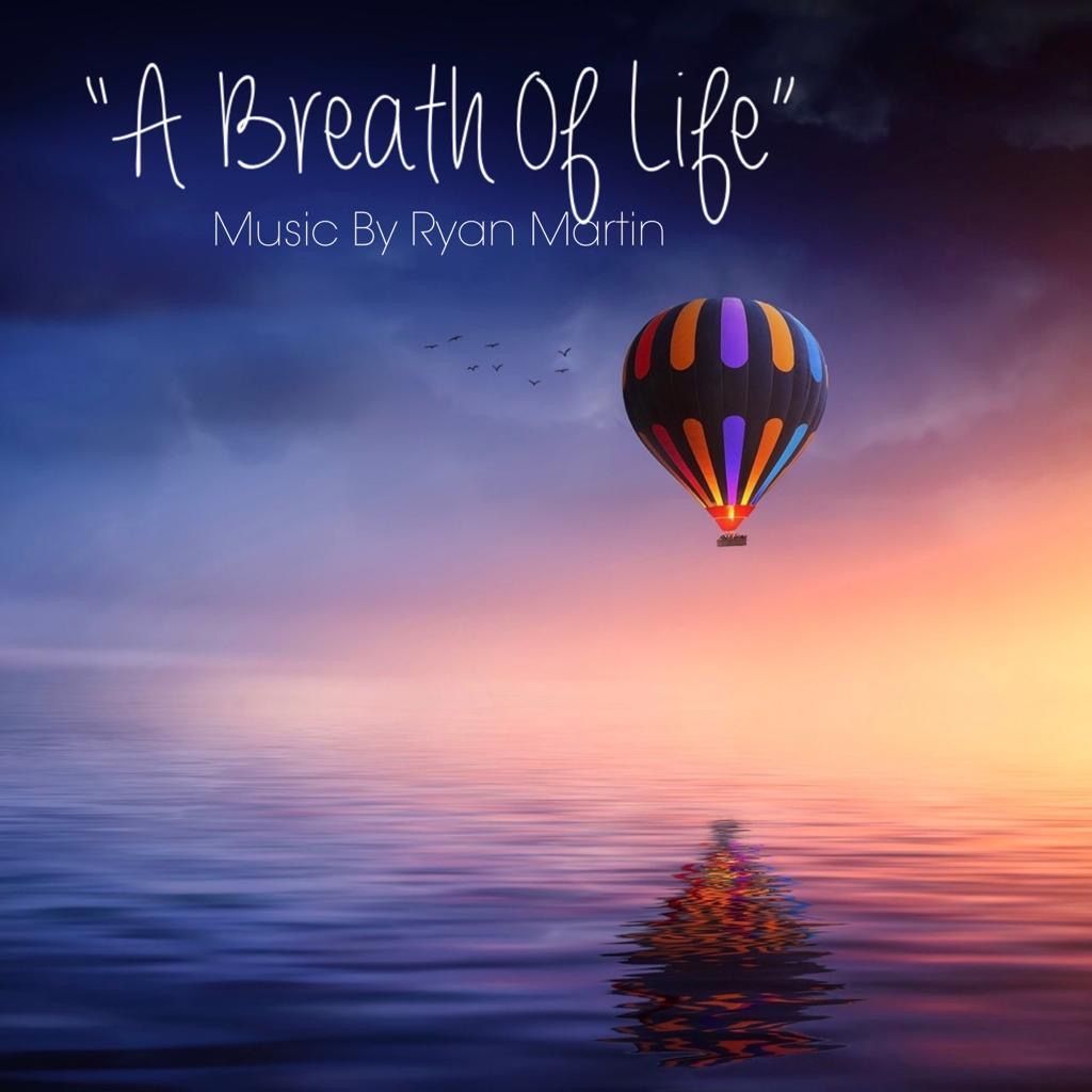 Hot air balloon above a calm ocean at sunset. Title: 