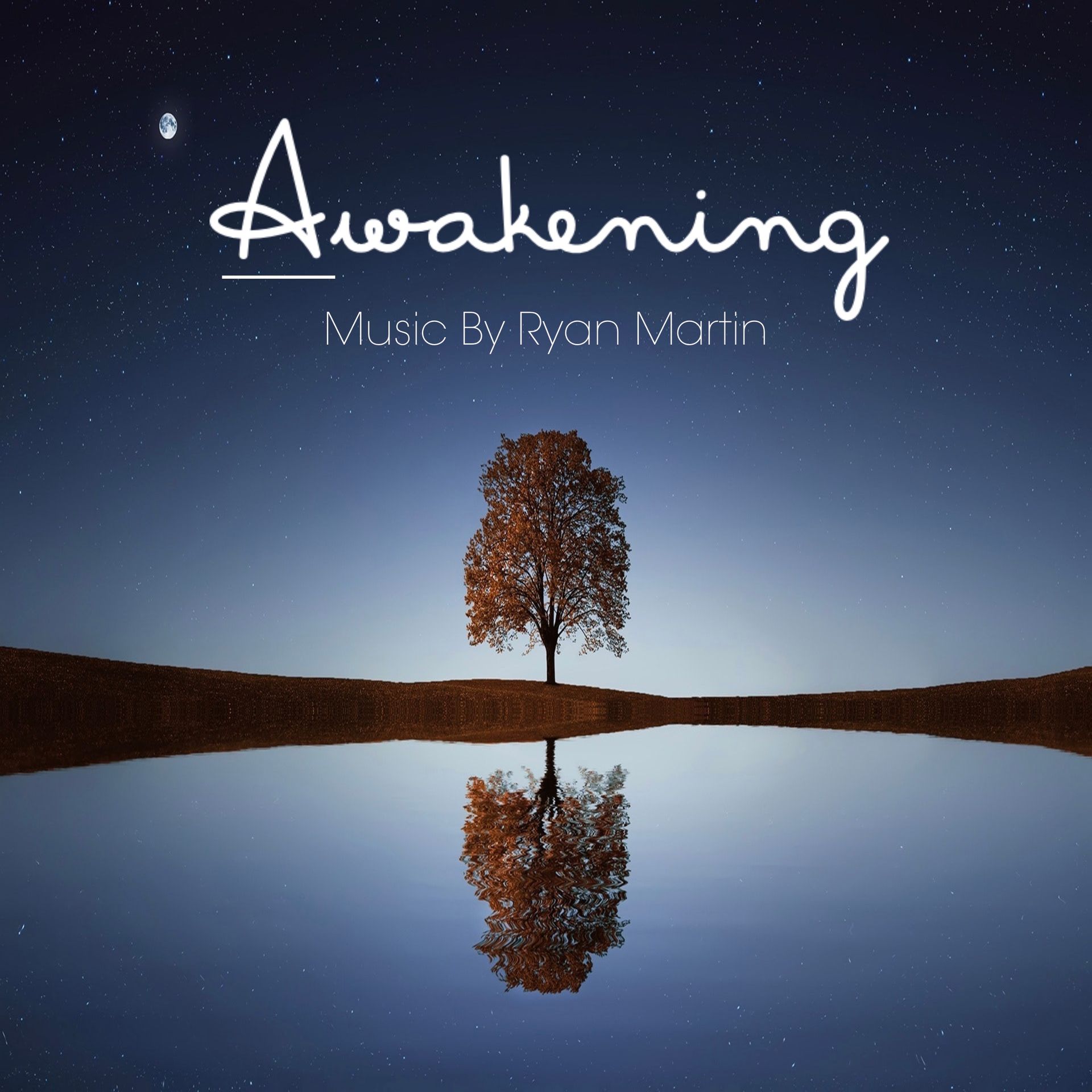 Album cover: Lonely tree reflected in still water under a starry sky. 