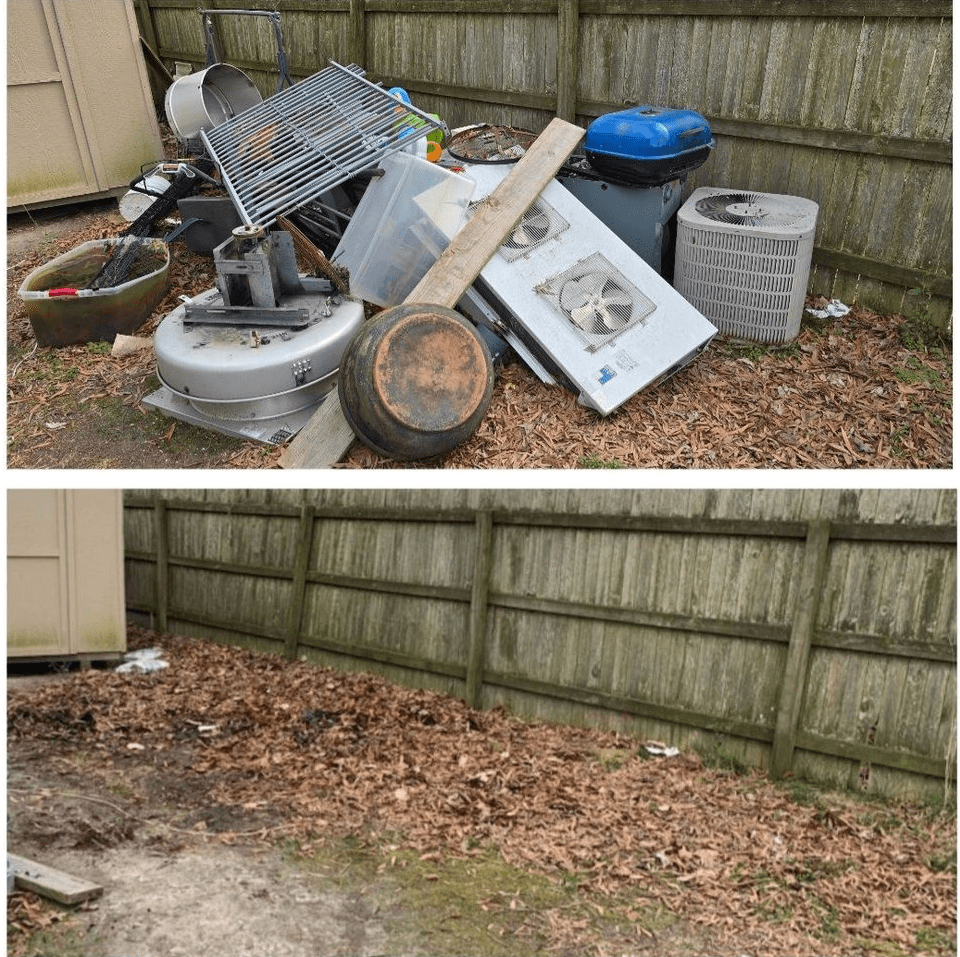 Before and after photos: a cluttered yard with trash piles, then a clean yard with leaves.