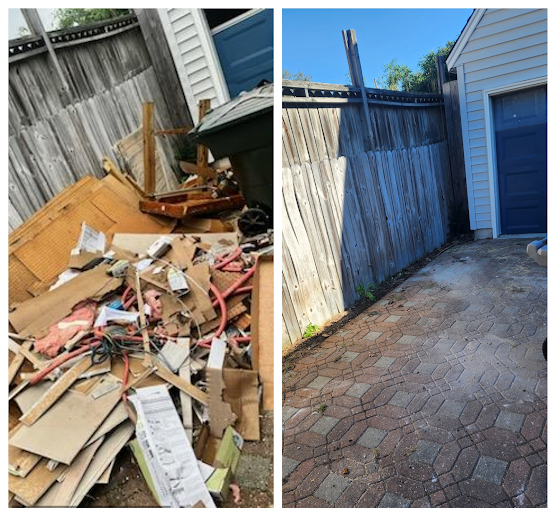Before and after photos of a yard clean-up; debris pile and then clean space against a wooden fence and a garage.