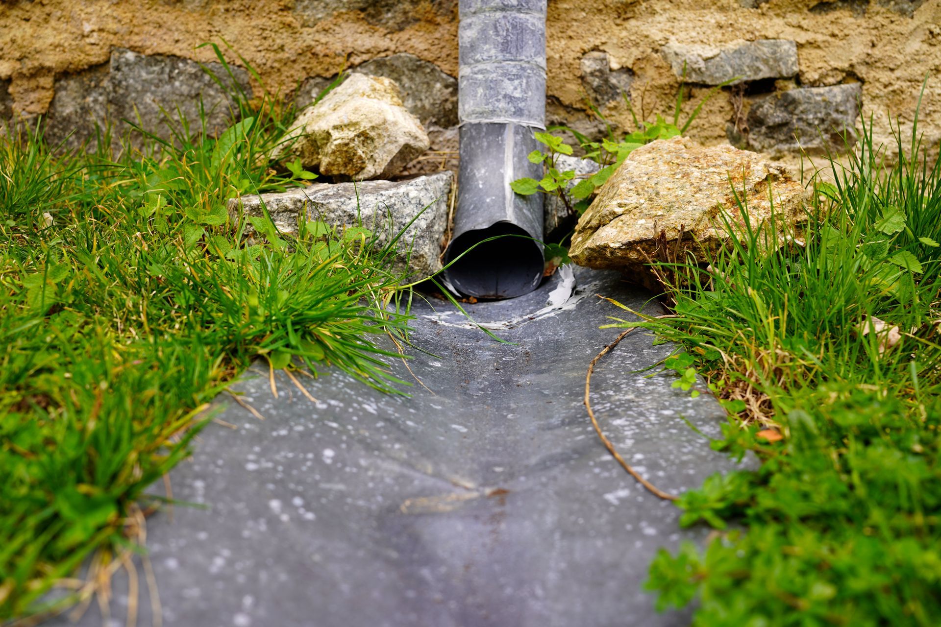 Drainpipe opening under a stone wall with water flowing into a narrow concrete channel, surrounded by grass Stone drain pipe emptying water into a grassy ditch beside a rocky wall