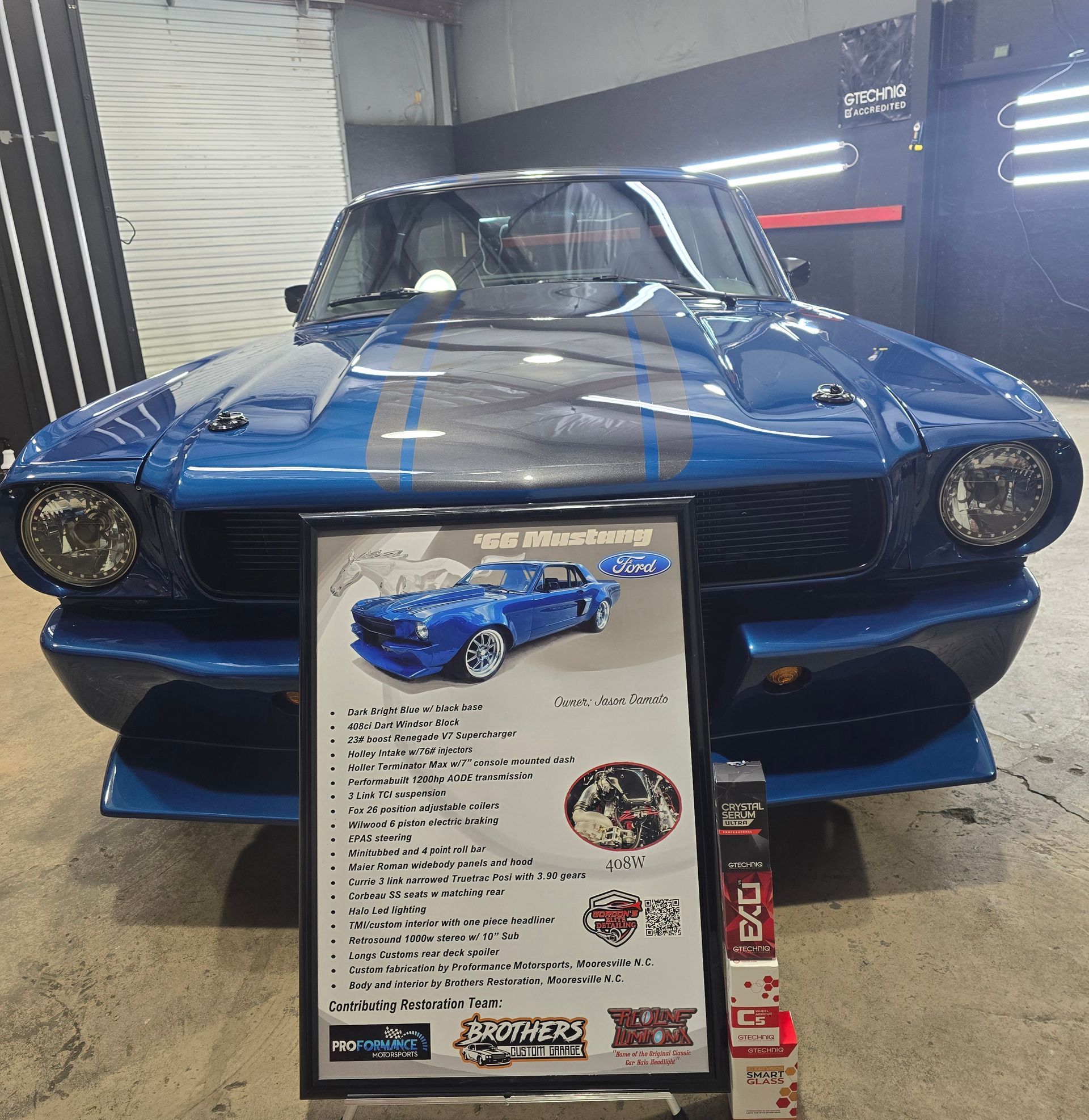Blue custom Ford Mustang with poster in garage setting.