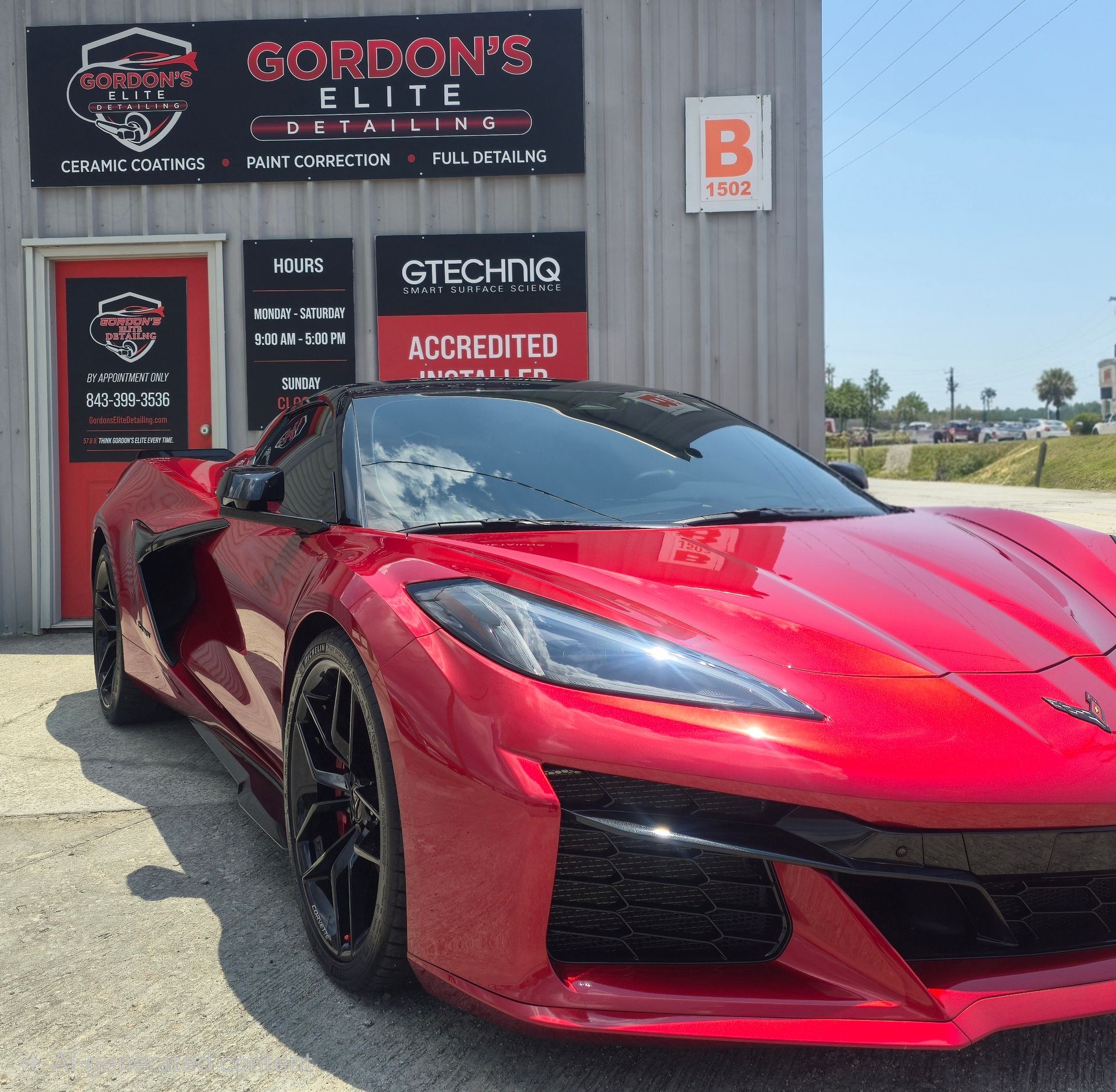 Red sports car parked outside Gordon’s Elite auto shop with an accreditation sign on the wall