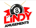 A logo for lindy amusements in New Auburn, WI with a pool ball