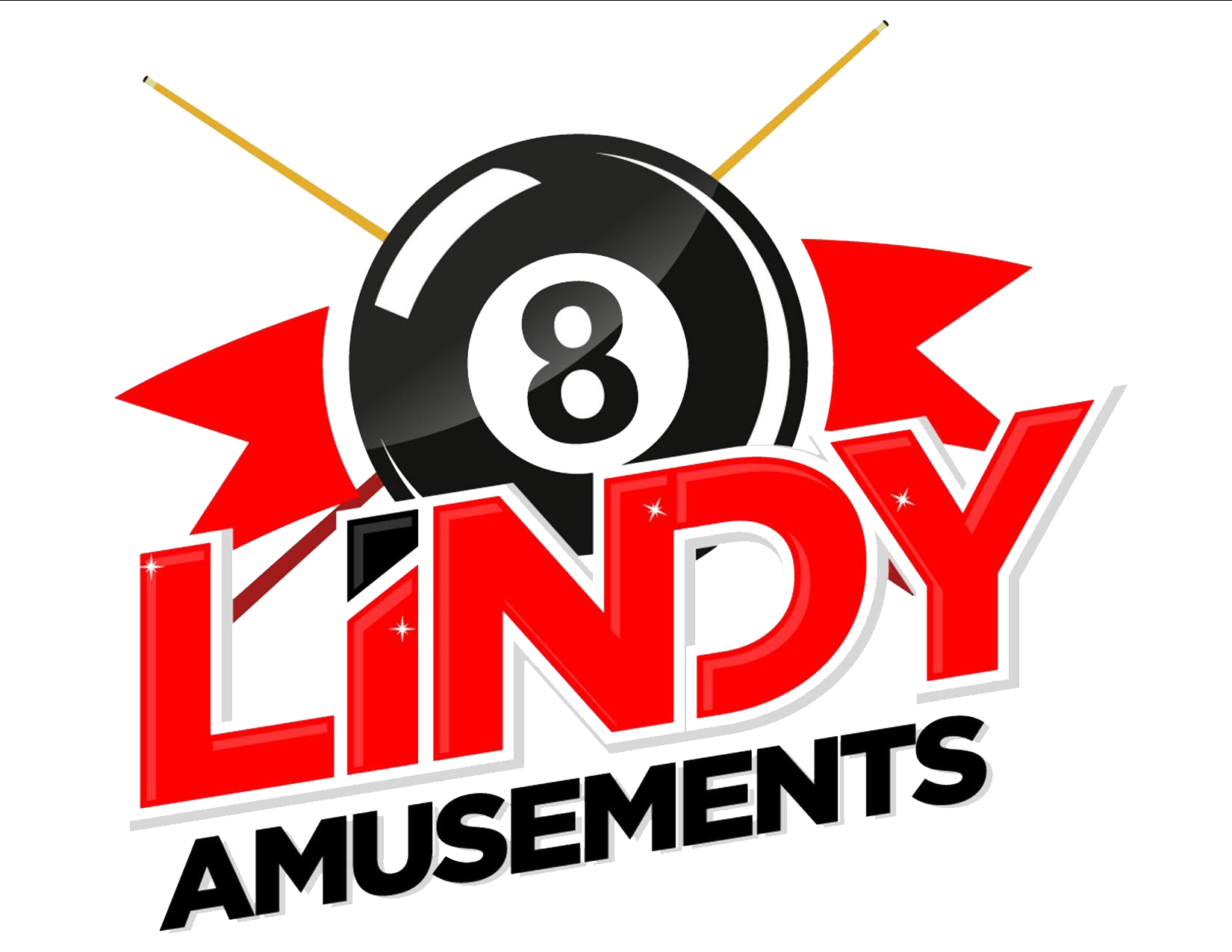 A logo for lindy amusements in New Auburn, WI with a pool ball