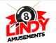 A logo for lindy amusements in New Auburn, WI with a pool ball