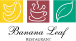 The logo for banana leaf restaurant shows a cup of coffee a banana and a leaf