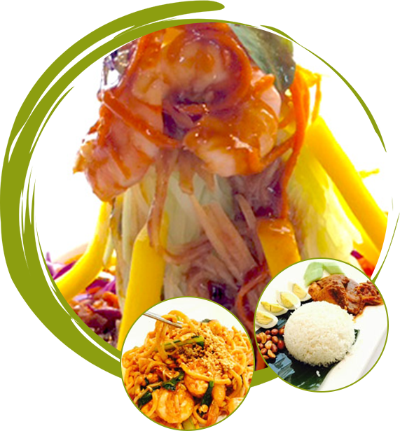 Shrimp dish with mango and noodles, accompanied by pad thai and rice with sides.
