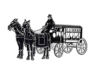Black-and-white horse-drawn delivery wagon labeled “J.C. Lucas” with a driver seated on top