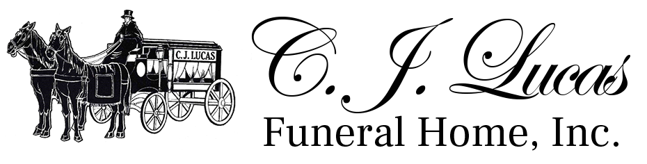 Lucas Funeral Home logo with horse-drawn hearse and elegant black script text