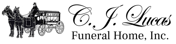 Lucas Funeral Home logo with horse-drawn hearse and elegant black script text