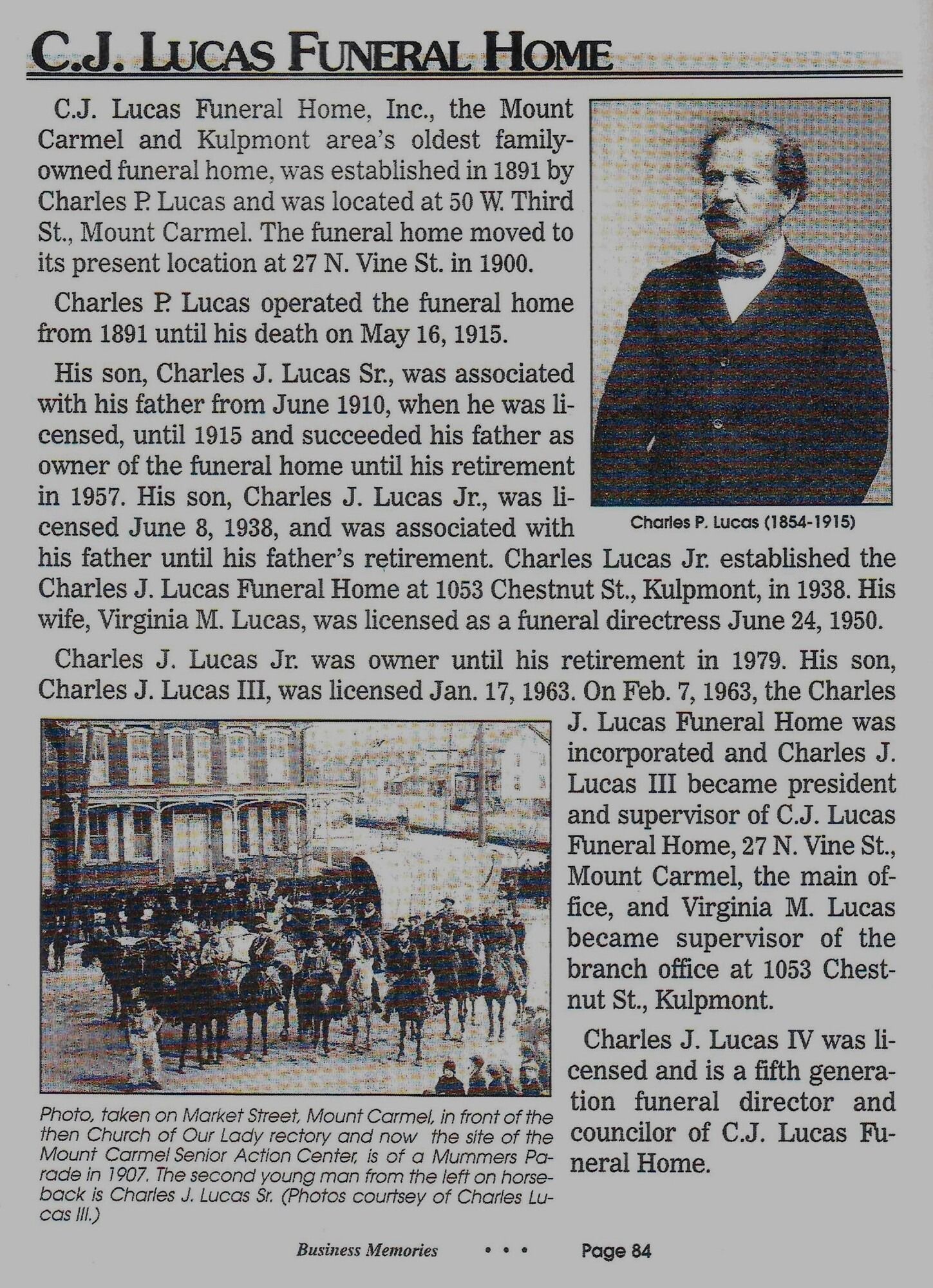 Vintage newspaper obituary for C.J. Lucas Funeral Home with portrait and group funeral procession photo