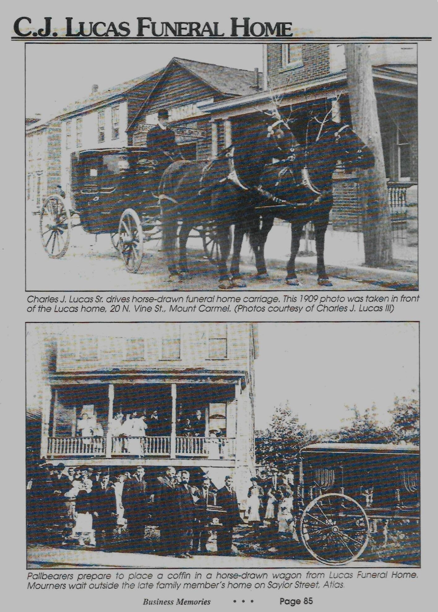 Two vintage funeral home photos: horse-drawn hearse and building exterior with carriage and onlookers