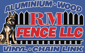 RM Fence LLC logo with dog, black fence silhouette, red and blue text, and “Aluminium Wood Vinyl Chain Link”