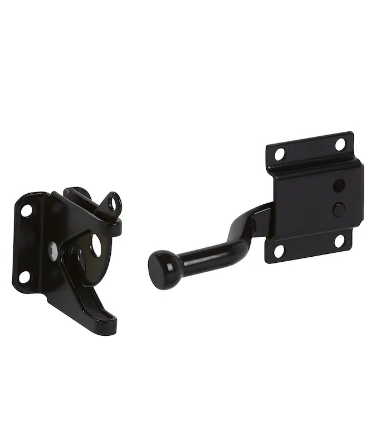 Black metal door latch set with two mounting brackets on a white background