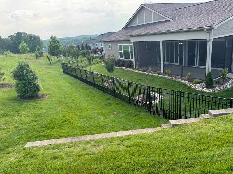 Grassy backyard with black fence, screened porch, and sloping lawn beside a house