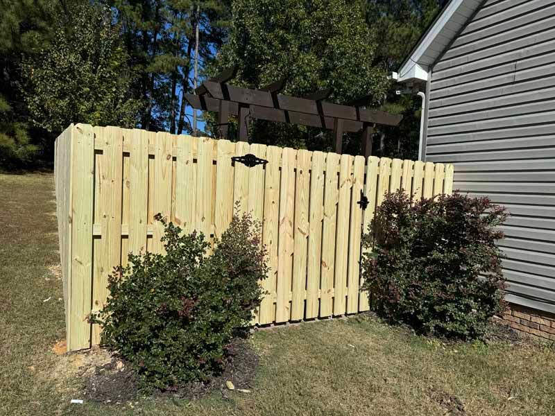 Light wood privacy fence beside a gray house, framed by two shrubs in a sunny yard.