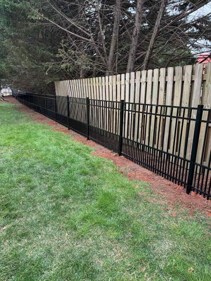 Black metal fence along a wooden privacy fence beside a grassy yard and trees
