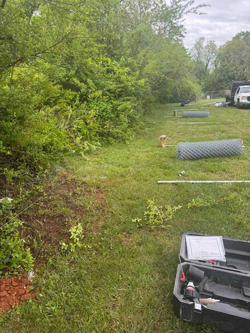 Grassy roadside with fallen tree branches and a parked vehicle under overcast skies