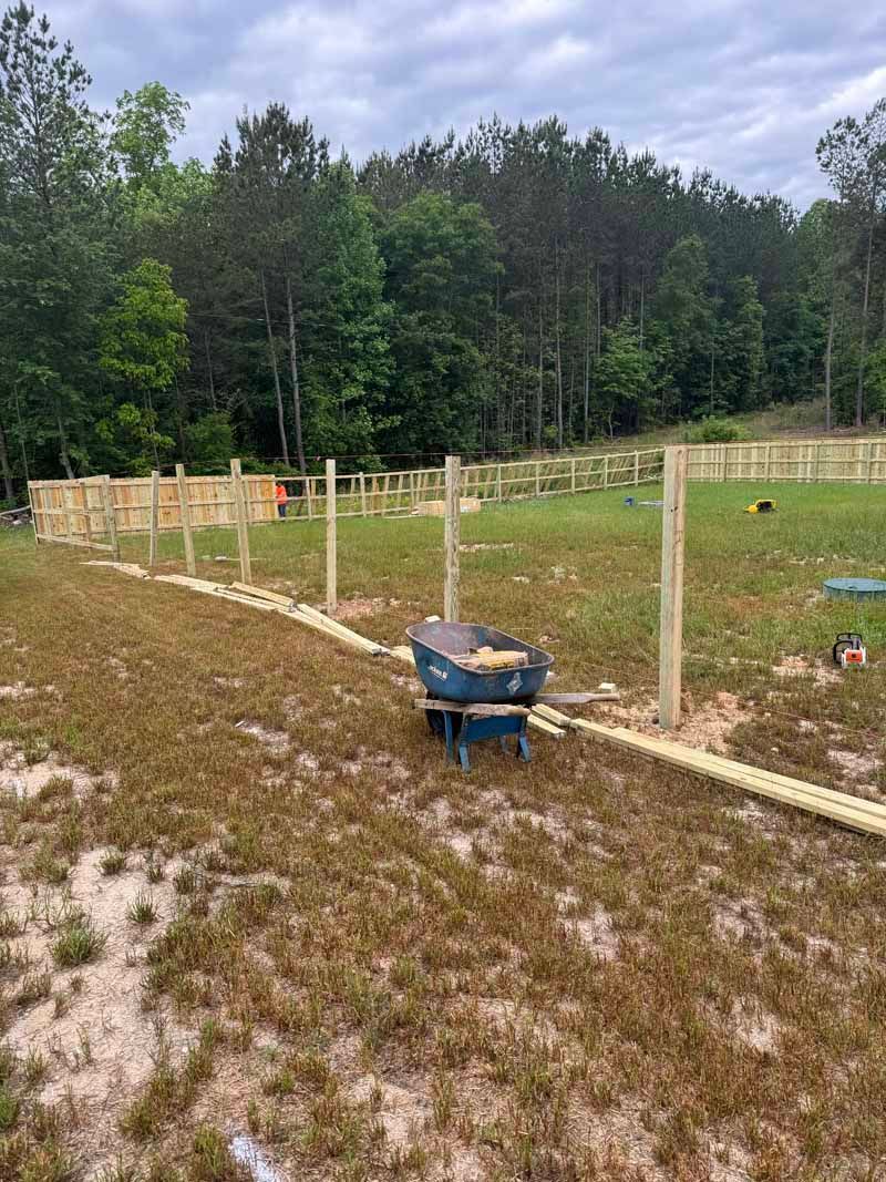 Fenced grassy field with wooden posts, blue wheelbarrow, and a wooded tree line in the background
