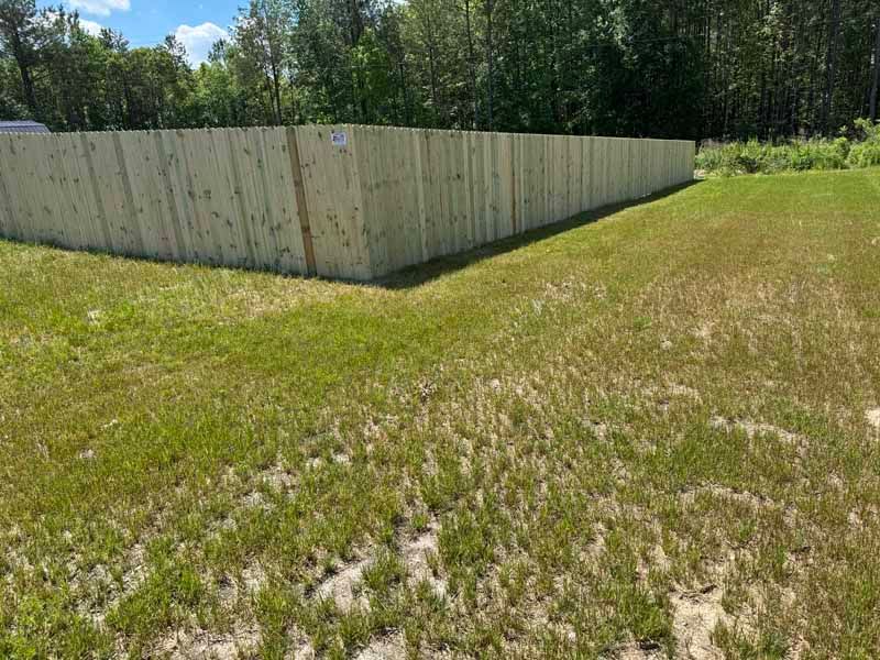 Grassy backyard beside a light wooden privacy fence under a sunny sky