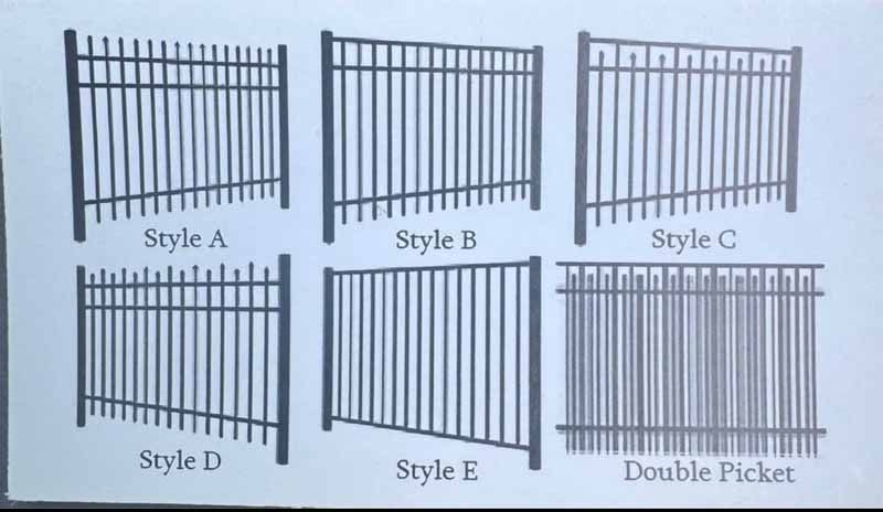 Fence style chart showing six black metal fence designs labeled A, B, C, D, E, and double picket.