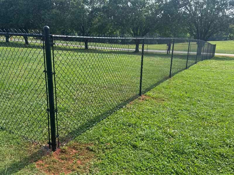 Black chain-link fence along a grassy field with trees in the background.
